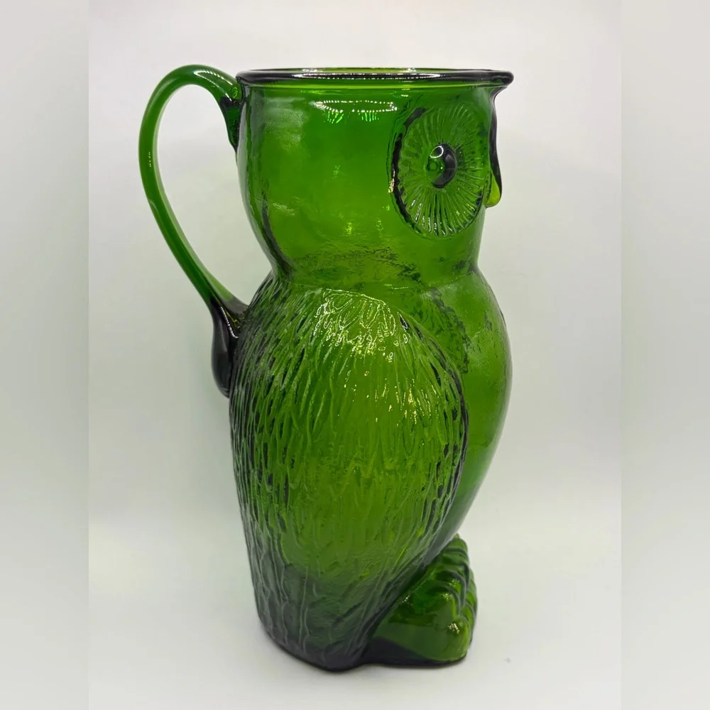 Vintage Green Art Glass Owl Figure Pitcher / Vase, Cottagecore Whimsigoth Decor